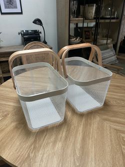 Set of 2 Ikea RISATORP White Wire baskets, with Wooden Handles