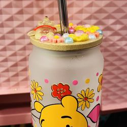 Pooh Bear Glass Libby Cup With Charmed Lid And Straw Topper $20