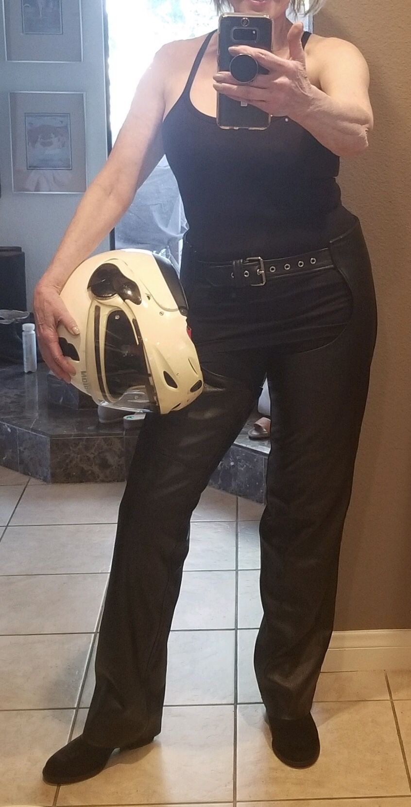 Motorcycle helmet and chaps
