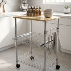 Rolling Kitchen Cart / Microwave Stand – Solid Wood Top & Chrome (Excellent Condition)