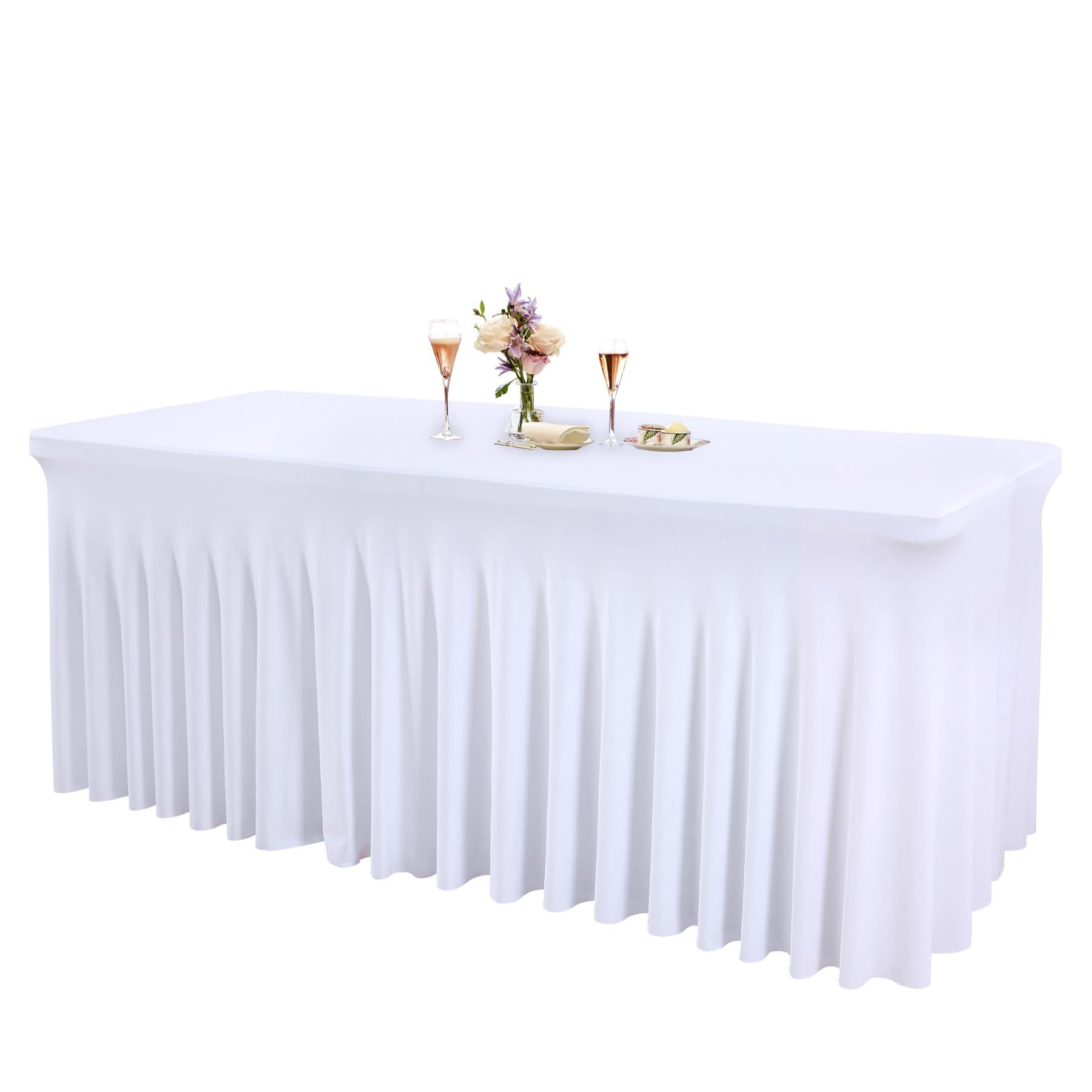 1 Pack White Table Clothes For 4 Foot Rectangle Tables, One-Piece Wrinkle Resistant Stretch Spandex Table Covers With Skirt For Event Banquet Wedding