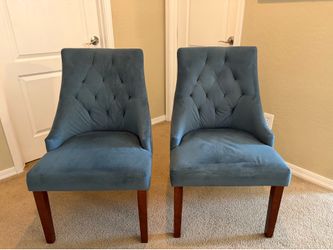 Pair of Designer Blue Accent Chairs with Custom Trim