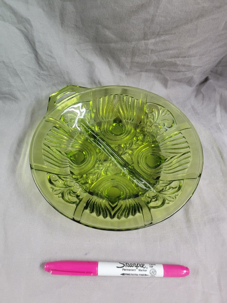 Vintage Indiana Glass Relish Dish, Olive Green