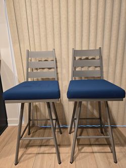 Set of 2 Modern Metal Barstools with Blue Cushions