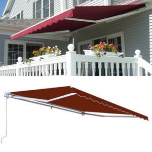 Photo New in box Manual Patio 10 feet wide × 8’ Retractable Sunshade Awning deck cover sun block canopy shade burgundy red