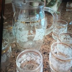 Antique medium size pitcher and glasses gold rims perfect from 1950ts