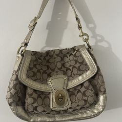 COACH F12857 Ali Legacy Brown Signature Turnlock Large Hobo Bag Y2K