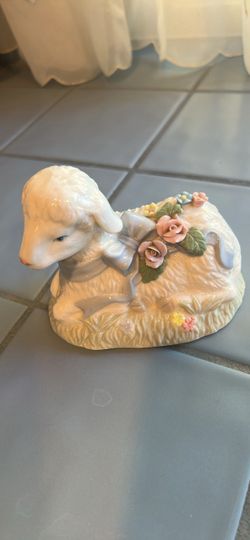 Porcelain Lamb Figurine with Floral Detail