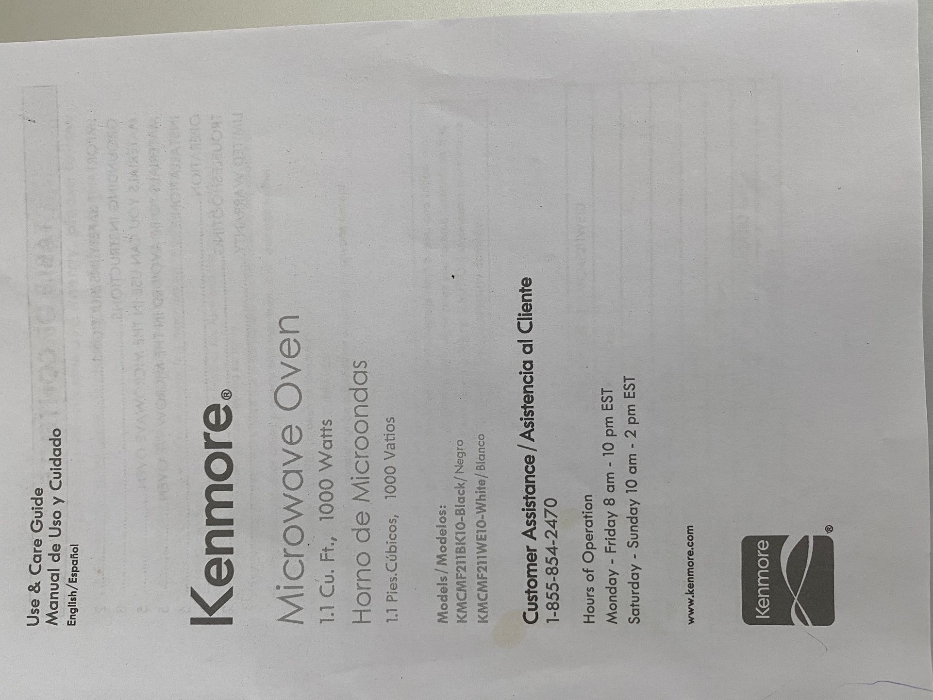 Kenmore 1.1 Cu Ft Microwave Oven