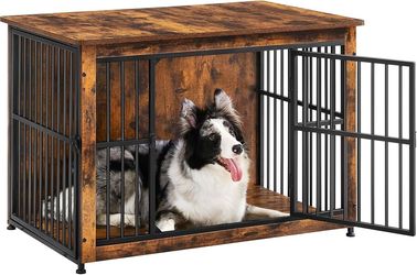Dog Crate Furniture, Side End Table, Modern Kennel for Dogs Indoor up to 70 lb, Heavy-Duty Dog Cage with Enclosed Base, Double-Door Dog House, Rustic 