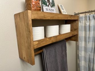 Rustic Wood Bathroom Shelf with Towel Bar