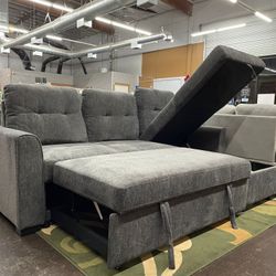 Reversible Gray Chenille Sectional with Pull Out Bed Ottoman
