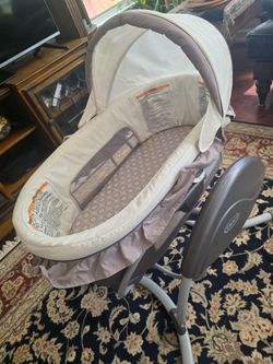 A set of baby furniture including programable bassinet. Jumper, walker, three car seats and table seat