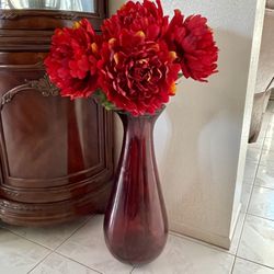 Tall Ruby Red Vase , Flowers From Hobby Lobby 