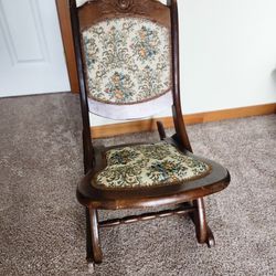 Vintage/Antique Tapestry Carved Wood Folding Rocker Rocking Chair Victorian 