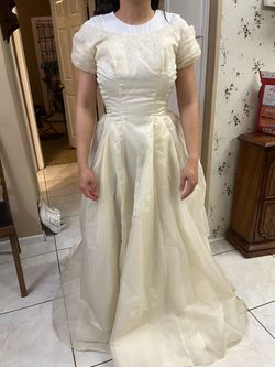Coquette whimsical Vintage Ivory Wedding Gown with Lace Appliqué