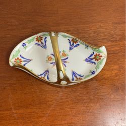 Vintage Lemos Fred’s Hand Painted Trinket Dish Gold Handle 7 1/2“ X 4 1/2“ L8