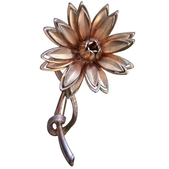 Vintage Mid Century Long Stem Floral Brooch MCM Gold Tone Flower Pin