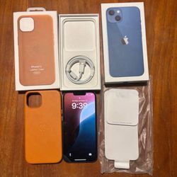 Brand New Unlocked Blue iPhone 13 – 128GB with original  box and leather case