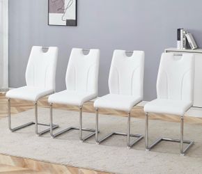New assembled Modern Dining Chairs Set of 4, White Dining Room Chairs Set of 4 with Handle, Upholstered PU Leather Kitchen Chairs Set with C-Shaped Si