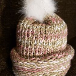 Knitted Beanie Tan-Pinks Colors - Adult Large