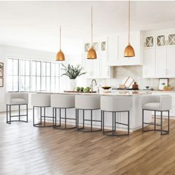 Jessica Modern Series Barstool with Arms set of 5  Color: Light Grey (fabric seat) 	•	Overall Size: 	•	22.7''W x 21''D x 33.5''H 	•	Materials:  	•	Sea