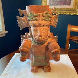 Vintage Pre-Columbian Style “Chac” Mayan God of Rain Pottery Planter – Large Earthenware Sculpture