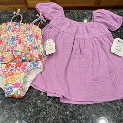 Size 12 months, (12M) Lot of 1 Swimsuit & 1 Dress.  Brand new with tags Wonder Nation Toddler Girl Tropical Print  Tankini, Two-Piece,  and one purple