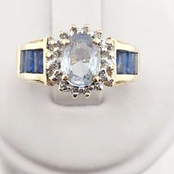 14k gold aquamarine, diamond, and sapphire ring
