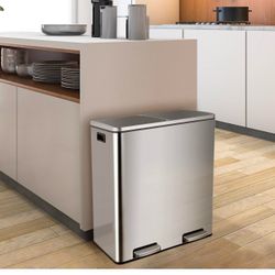 60L(16 Gal) Dual Trash Can, Stainless Steel Kitchen Garbage Can, Double Compartment Classified Rubbish Bin, Recycle Dustbin w/Plastic inner 