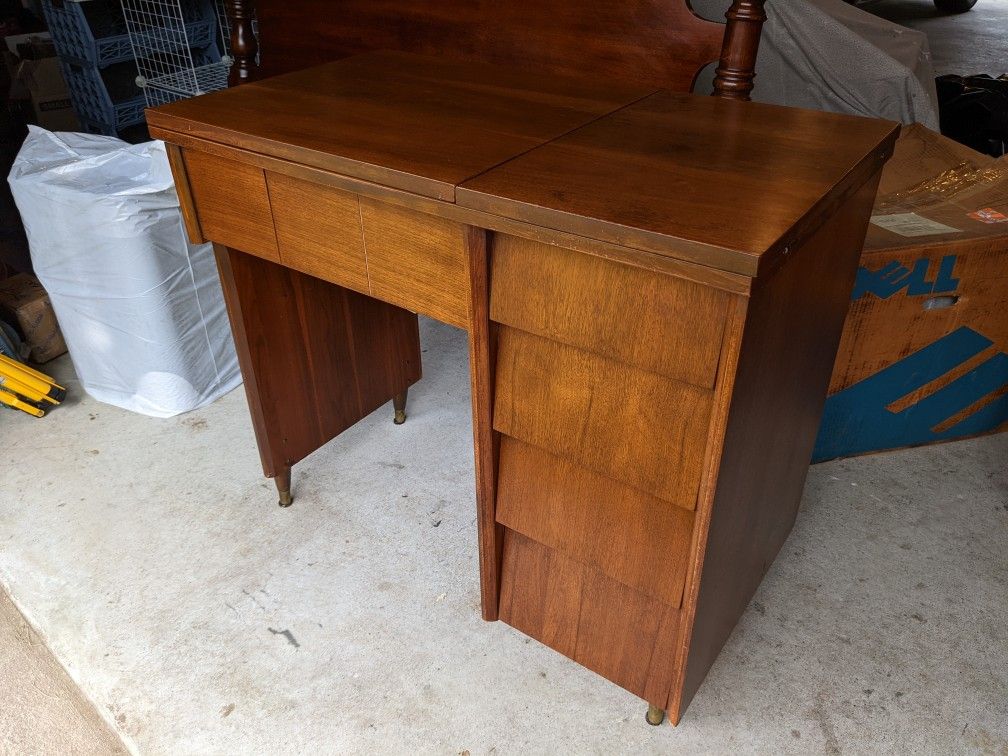Vintage Sewing Machine Cabinet - Solid, 4 Drawers, All Wood, Folds Out For Large Work Space