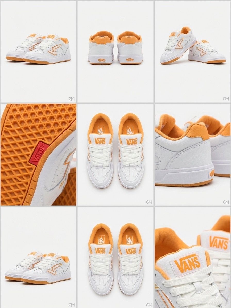 Vans Lowland CC Sneakers - White & Orange Retro Skate Shoes size 6 .5