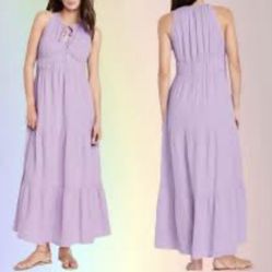 Old Navy Crinkle Gauze Tiered Maxi Dress Light Purple  Tie Neck Cotton Boho size large used  
