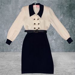 VTG St John by Marie Gray Double Breasted Knit Dress Colorblock Cream Navy Sz 4
