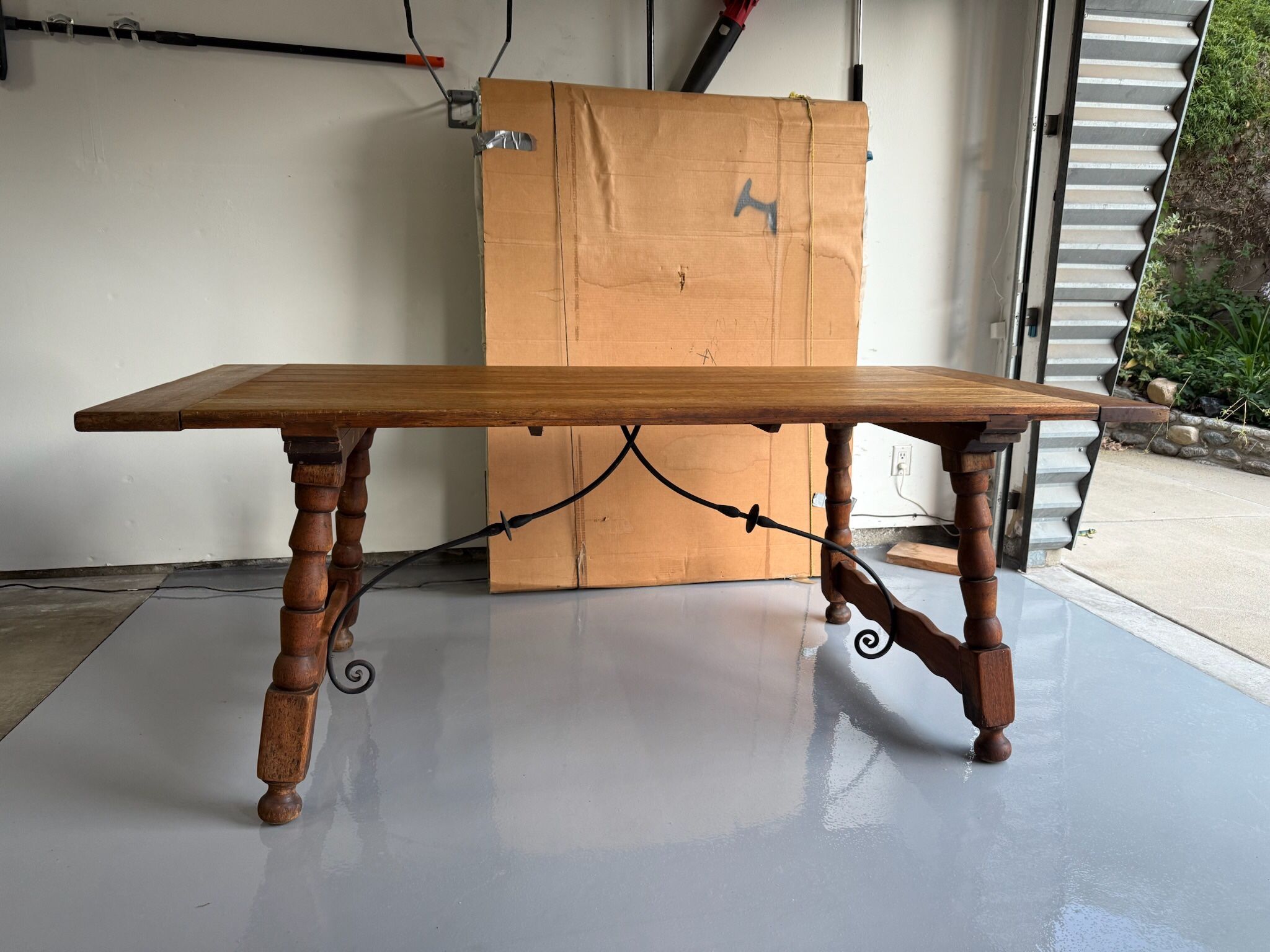 Vintage Hardwood Table With Wrought Iron Support. Excellent Condition. Beautiful Wood Grain. Removable End Pieces
