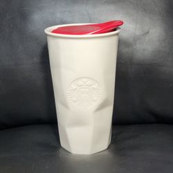 2013 Starbucks Coffee Mug Geometric Faceted White Ceramic Tumbler with Red Lid