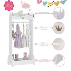Kids Dress Up Storage, Kids' Costume Organizer Center, Open Hanging Armoire Closet, Kids Armoire with Rack for Toddler 3 Age+, White(GH12)
