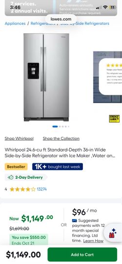Whirlpool 24.6-cu ft Standard-Depth 36-in Wide Side-by-Side Refrigerator with Ice Maker ,Water