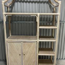 Vintage Bamboo and rattan etagere with cabinet base and pagoda top.