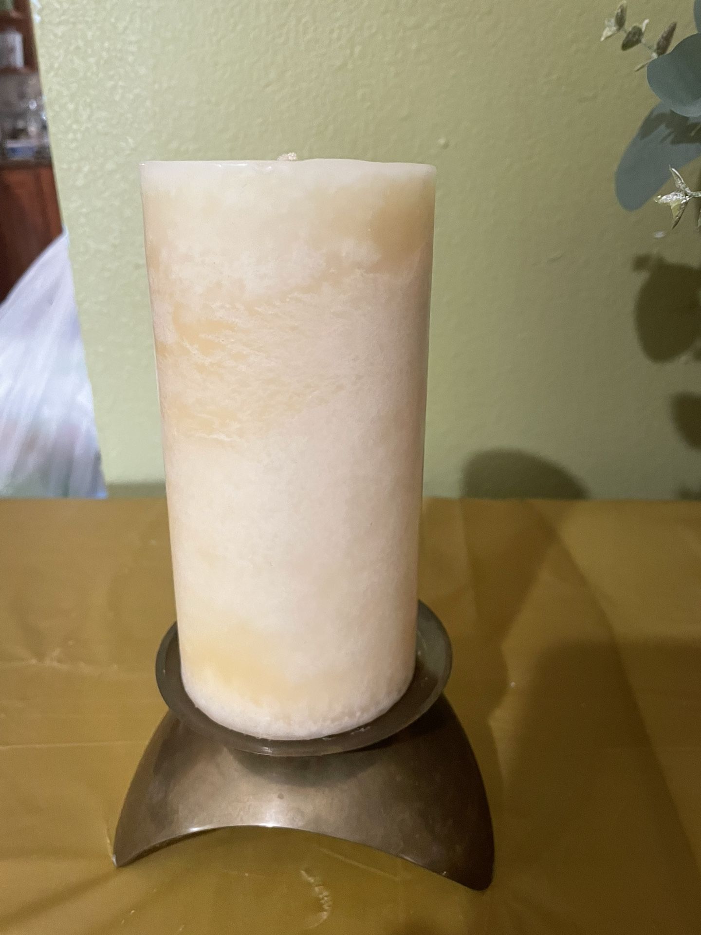 Real Brass Candle Holder, Made In India, With Pillar 6” Beige Candle.