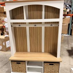 Entryway Hall Tree with Shoe Bench and 2 Rattan Baskets, Mudroom Storage Organizer $180 