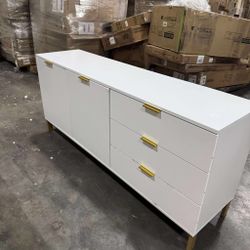 62.9" Wide Modern White Sideboard with 3 Drawers and 2 Cabinets, Gold Metal Legs, Buffet Storage Cabinet for Dining Room or Living Room