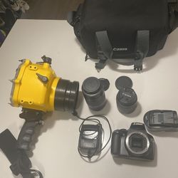 SPL WATERHOUSING WITH CANNON T3 INVLUDING 2 LENSES, CHARGER, GO PRO MOUNT AND CANNON BAG. 
