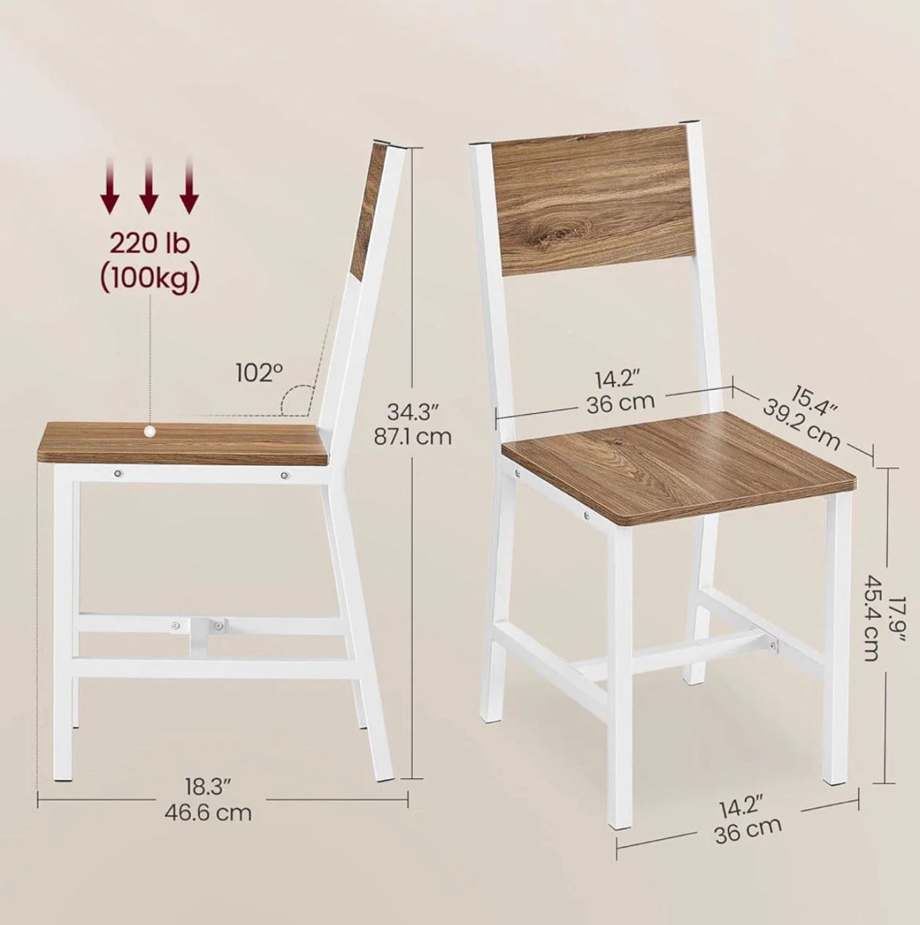 VASAGLE Dining Chair Rustic Wood Chairs with Metal Steel Frame Set of 2 - Wheat Brown / Cloud White