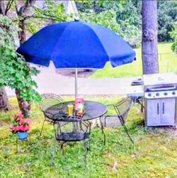 Iron Patio Table , Chairs & Tabletop Grill - (3) Photos in post