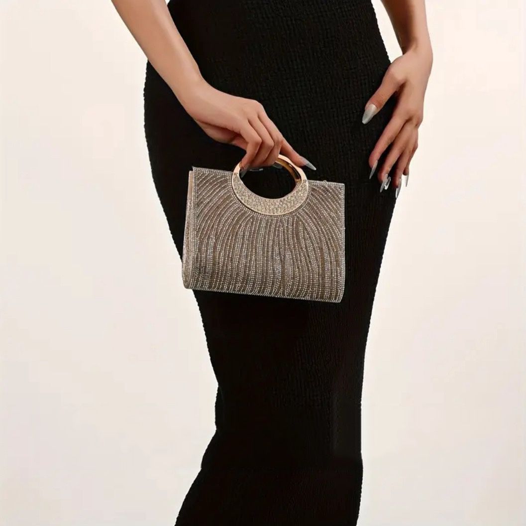 Rhinestones Top Handle Champagne Clutch Purse