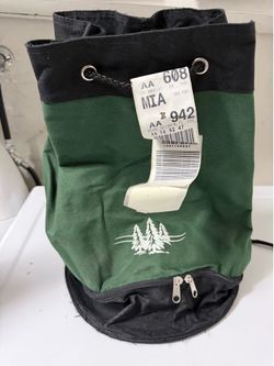 Vintage Green Canvas Drawstring Bucket Bag Embroidered Pine Tree Airline Tag LAX