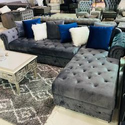 Wilmington Gray Tufted Velvet Fabric Upholstered Sectional Couch With Chaise 