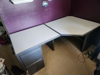 L-Shaped Corner Desk with File Drawers - Gaming/Home Office — Gray