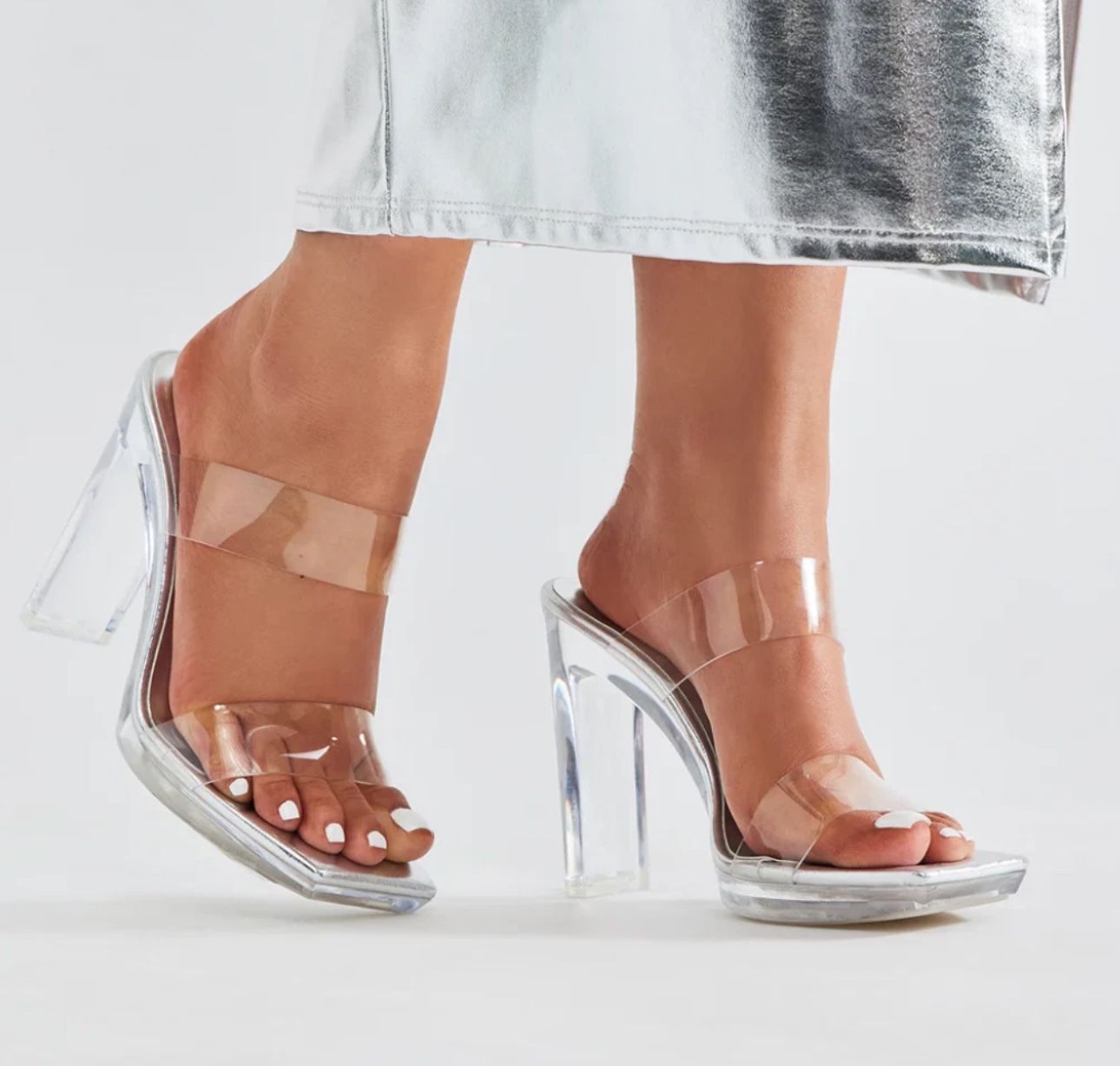 Silver Clear High Heel Platform Sandal Peep Toe Size 6 Fashion Nova Block Slide